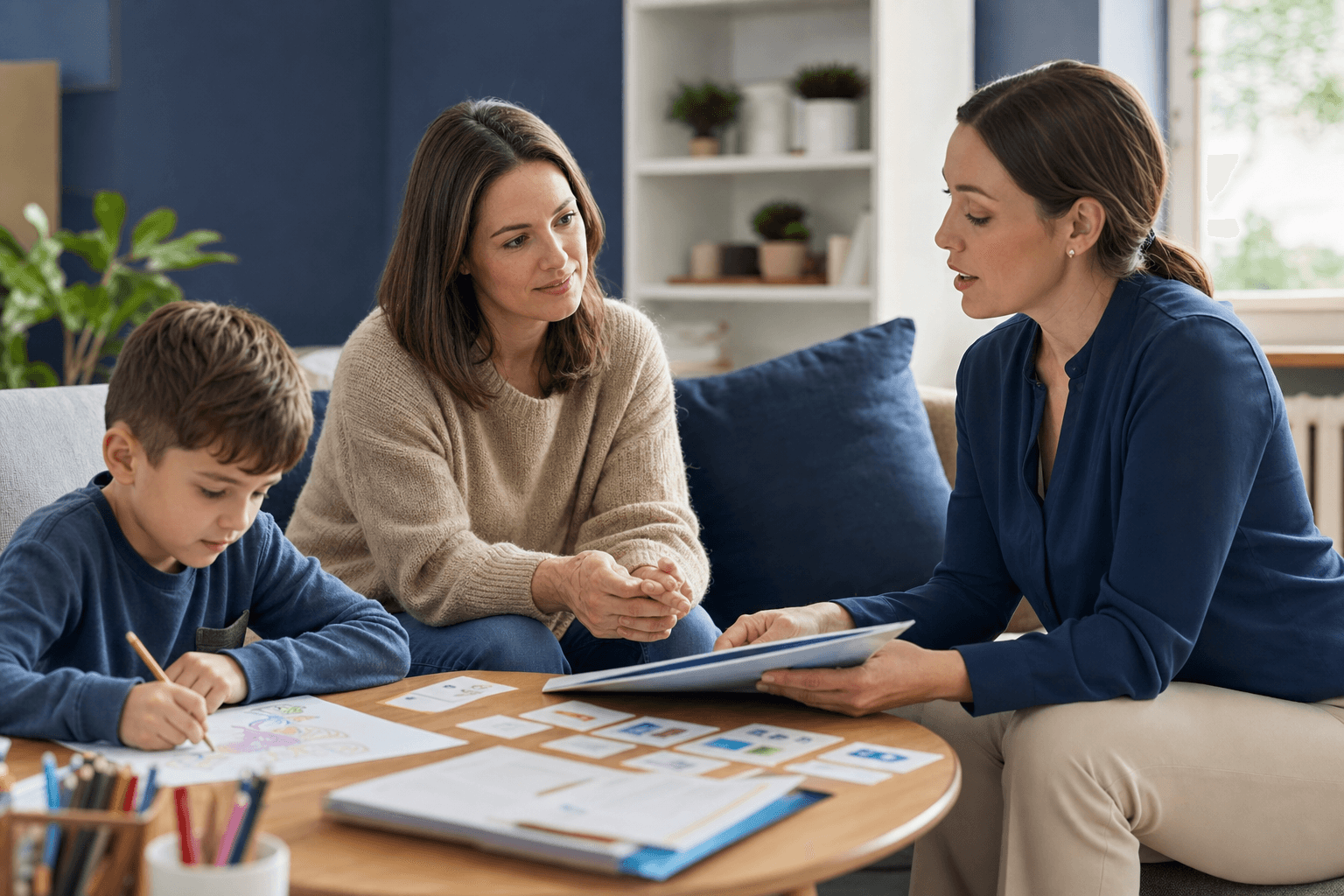 Parent and support professional discussing a support plan while a child draws nearby