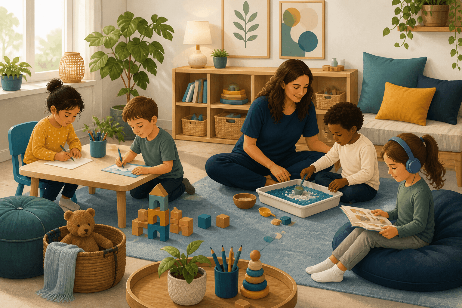 Illustrated sensory-friendly classroom with children drawing, reading and exploring learning activities
